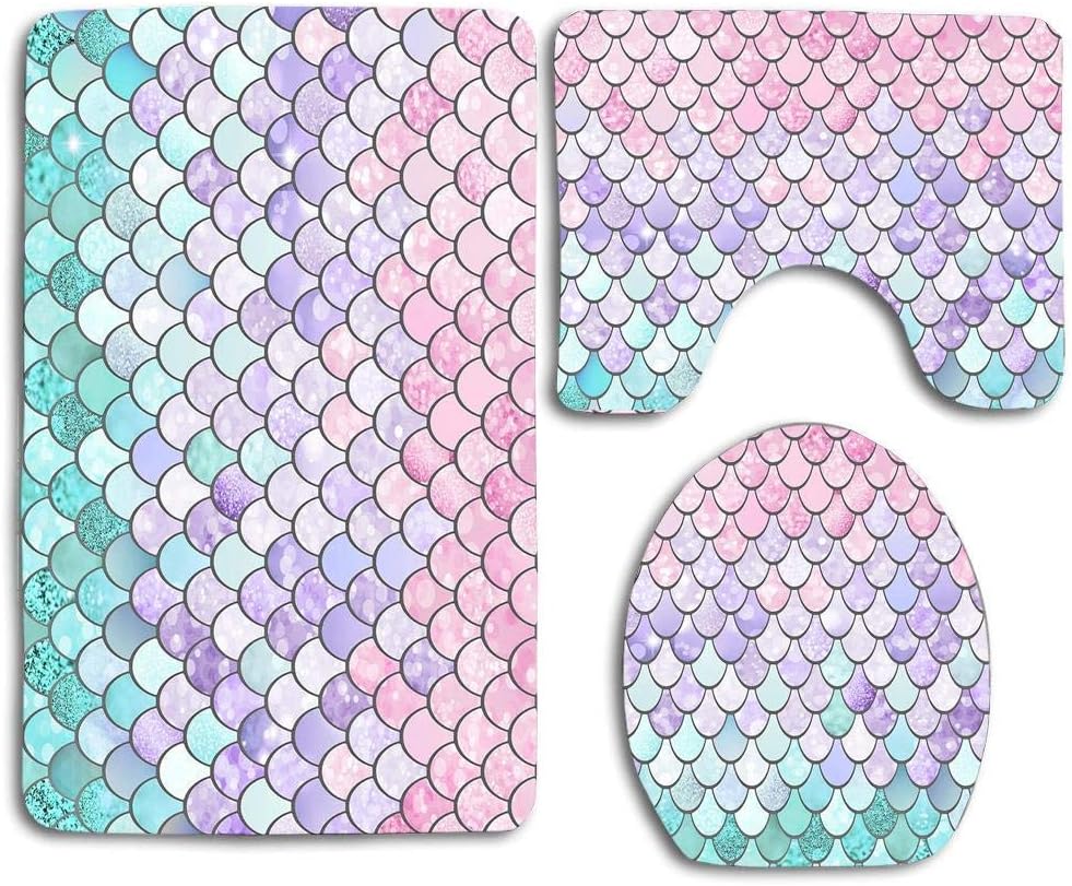 NEW MOMO 3 Piece Bathroom Rug Set Bath Rug Carpet Bathroom Rug Set Toilet Seat Cover Combo Blue Pink Rainbow Pastel Mermaid Scales