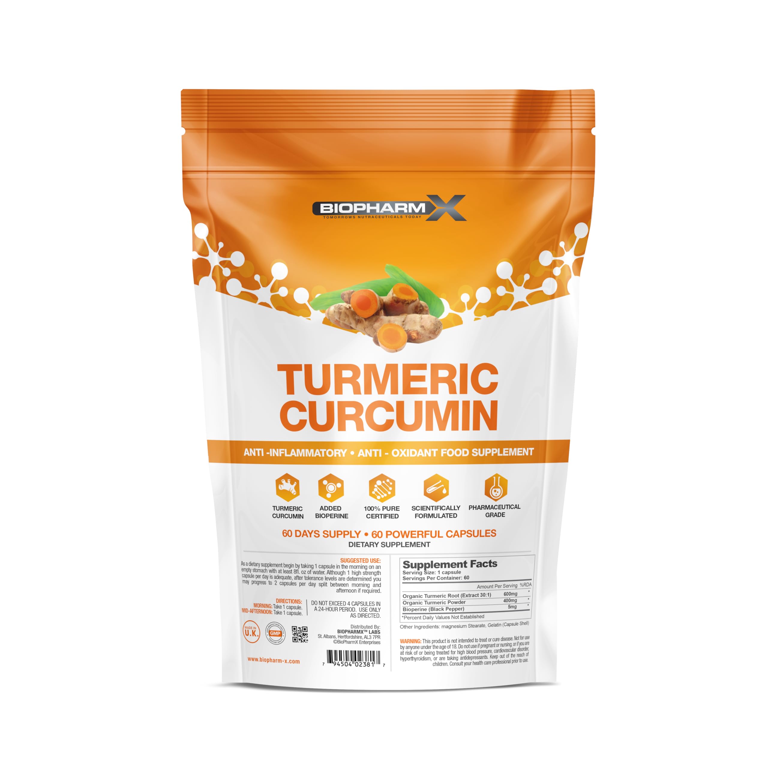 BioPharmX Turmeric Capsules High Strength 2000mg + Black Pepper - High Strength Curcumin Supplements