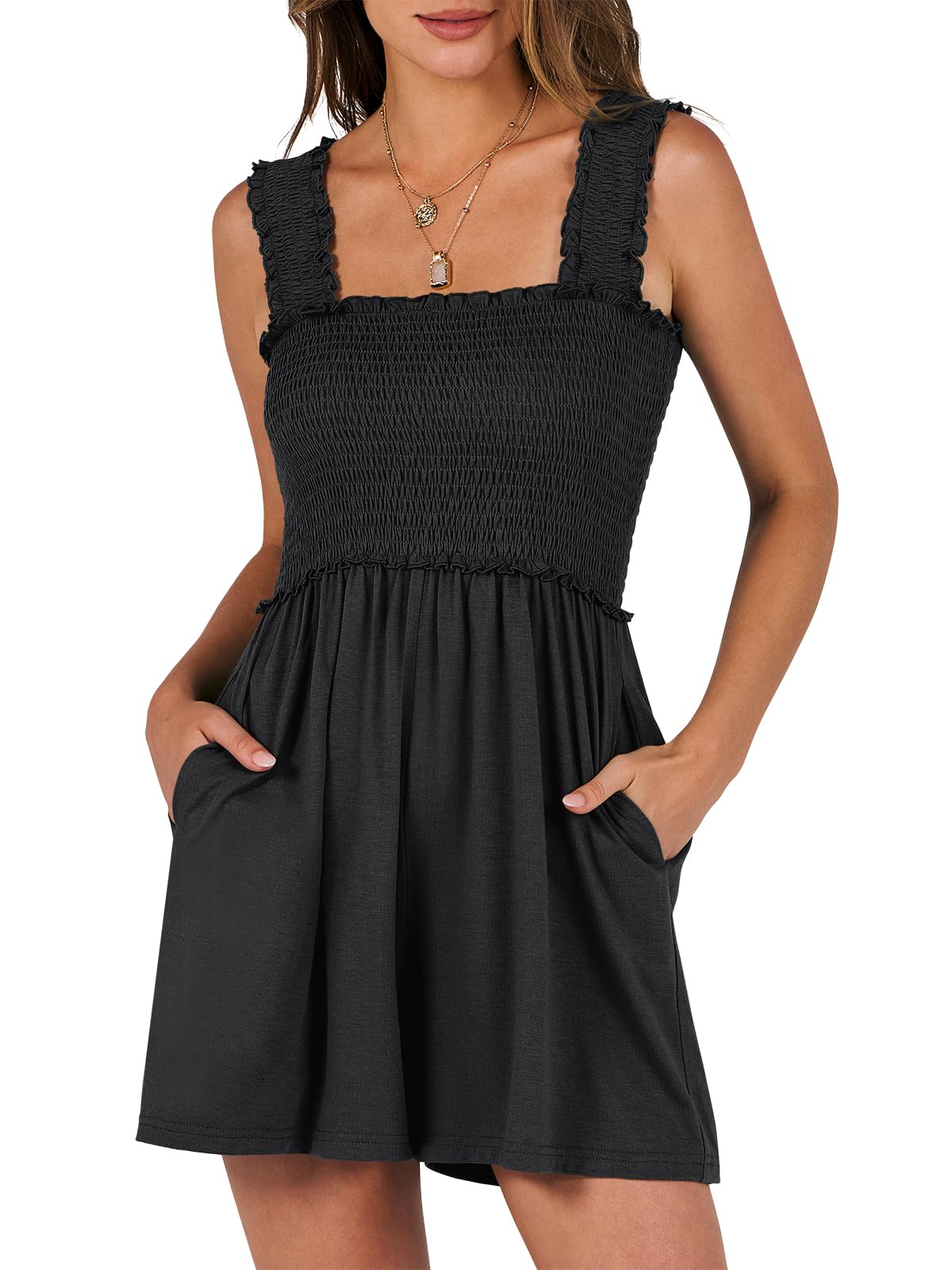 Photo 1 of Caracilia Women's Summer Casual Smocked Rompers Square Neck Sleeveless Loose Shorts Jumpsuit 2025 Beach Vacation Outfits Black