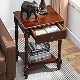 LEEMTORIG Solid Wood Side Table with Drawer, Victorian Style Vintage Nightstand, Antique Cherry Wood End Tables Living Room B