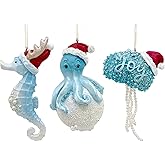 Coastal Christmas Ornaments - Seahorse, Jellyfish, Octopus Holiday Beach Tree Decorations, Set of 3