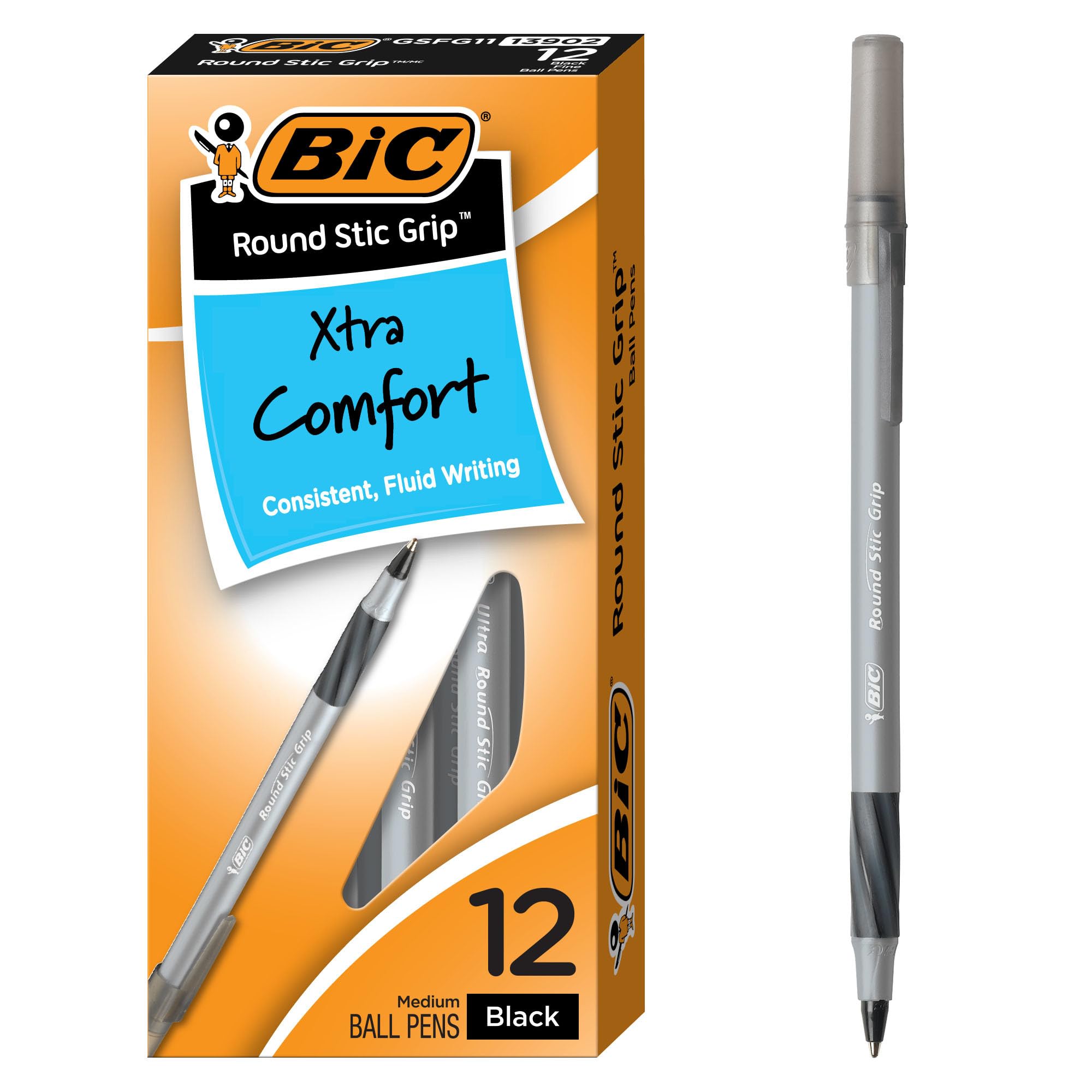 Photo 1 of BIC Round Stic Grip Xtra Comfort Black Ballpoint Pens, Medium Point (1.2mm), 12-Count Pack, Perfect Writing Pens With Soft Grip for Superb Comfort and Control