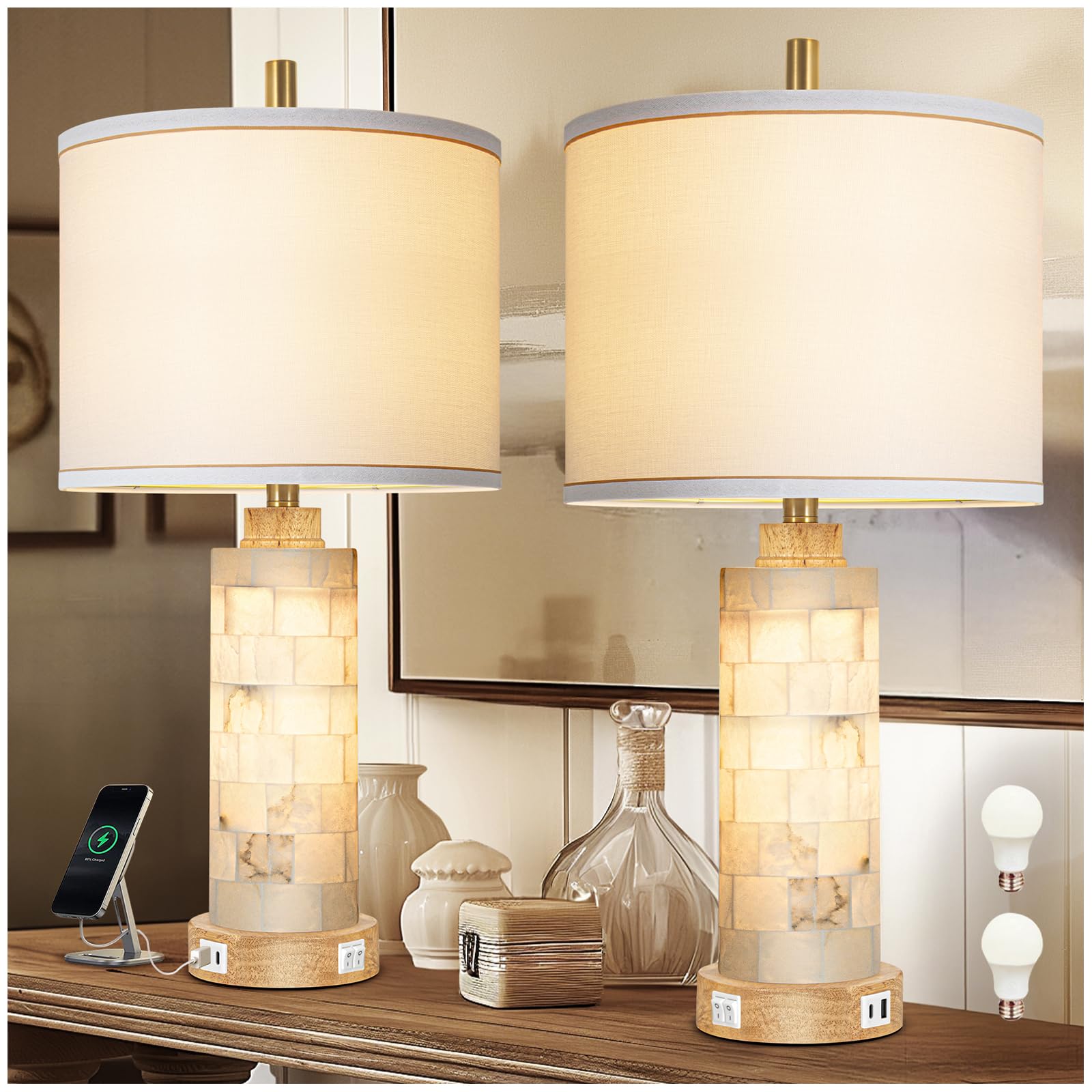 Photo 1 of 27" Natural Alabaster And Wood Table Lamp Set of 2 With Night Light Nightstand Lamps With USB Ports White Linen Fabric Shade Bedside Lamp Decor For Living Room Bedroom Home Office Hotel Bar House