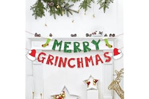 VARKULULX Glittery Merry Grinchmas Banner,Grinch Christmas Decorations,Christmas Party Decoration,for Outdoor Indoor Hanging Decor and Fireplace Xmas Party Holiday Supplies Decoration