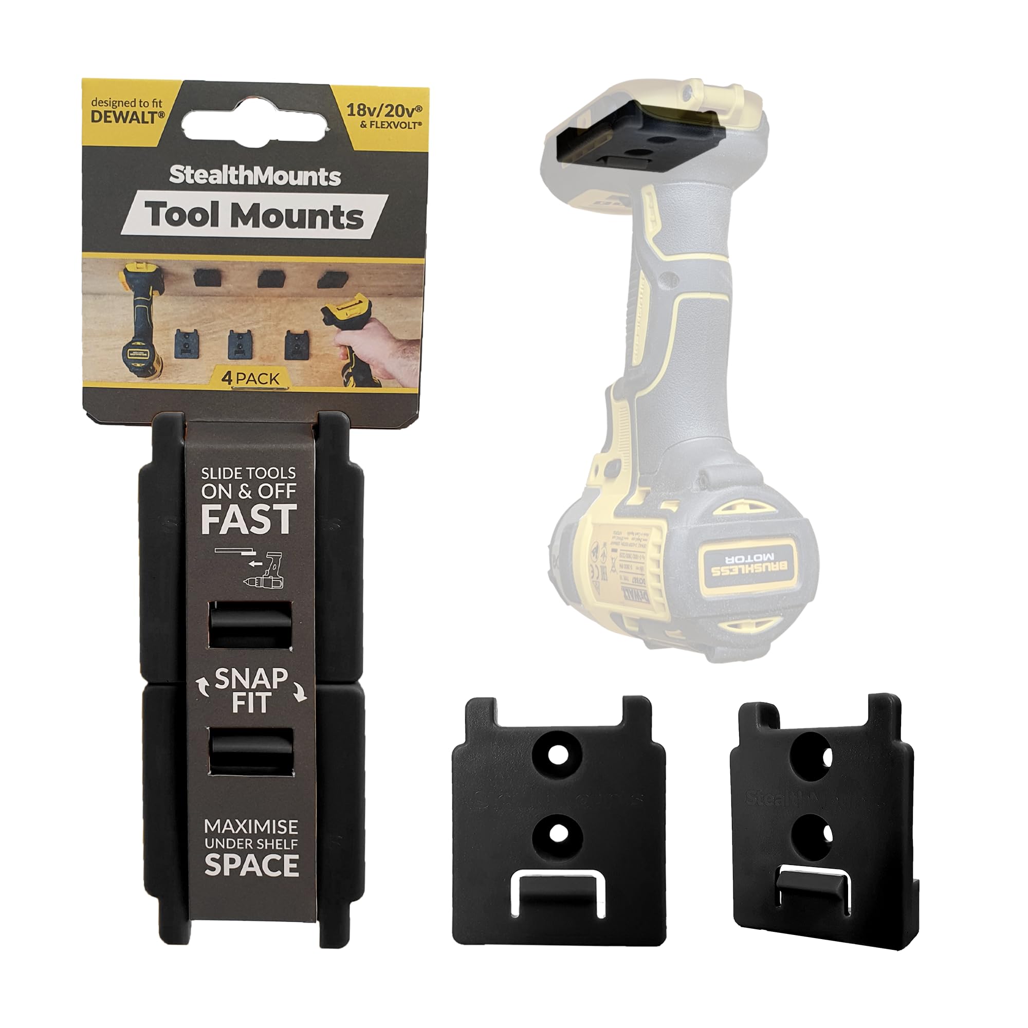 StealthMounts Tool Mounts for Dewalt 18v XR | Cordless Tool Holders for Dewalt 18v XR Tools | 4 Pack | Black Dewalt 18v XR Tool Organisers