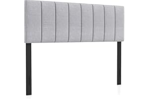 KOMFOTT Linen Upholstered Headboard for Full & Queen Size Bed, Vertical Channel Tufted Rectangular Headboard with Solid Wood Legs & Adjustable Width, Padded Bed Backboard, Easy Assembly (Gray)