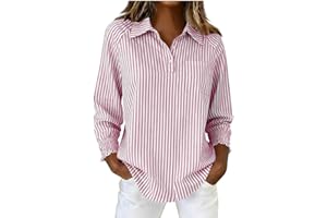 Button Down Shirts for Women Oversized Striped Long Sleeve Collared V Neck Blouses Summer Casual Loose Business Tops