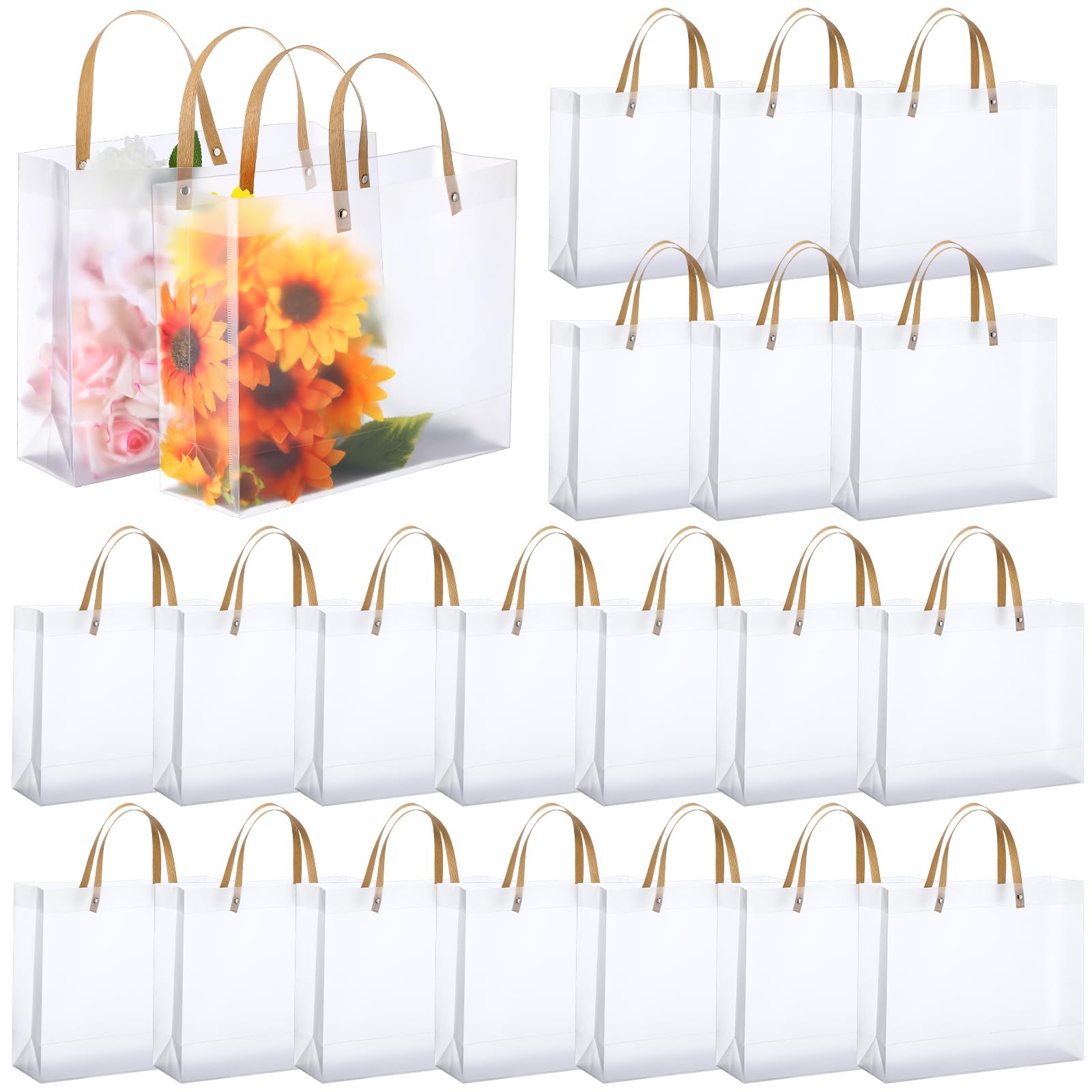Photo 1 of Paterr 10 Pcs Large Clear Gift Bags with Handles 11.8 x 9.8 x 4 Inch Transparent Plastic Party Favor Bags Reusable Frosted Tote Gift Wrap Bulk for Shopping Boutique Wedding Birthday Christmas