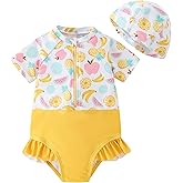 AIWUHE Toddler Girls One Piece Swimsuit Ruffle Rash Guard Zipper Bathing Suit Short Sleeve Swimwear with Hat UPF 50+ 1-5T