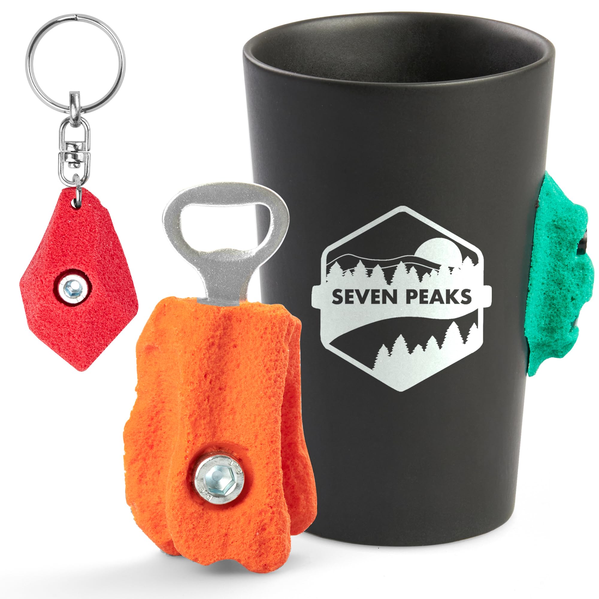 Climbing & Adventure Pack Gift | Ceramic Climbing Mug with Professional Climbing Dam - Rock Climbing Holds + Custom Wooden Climber Keychain + Manual Beer Opener Made of Aluminum with Coated Handle