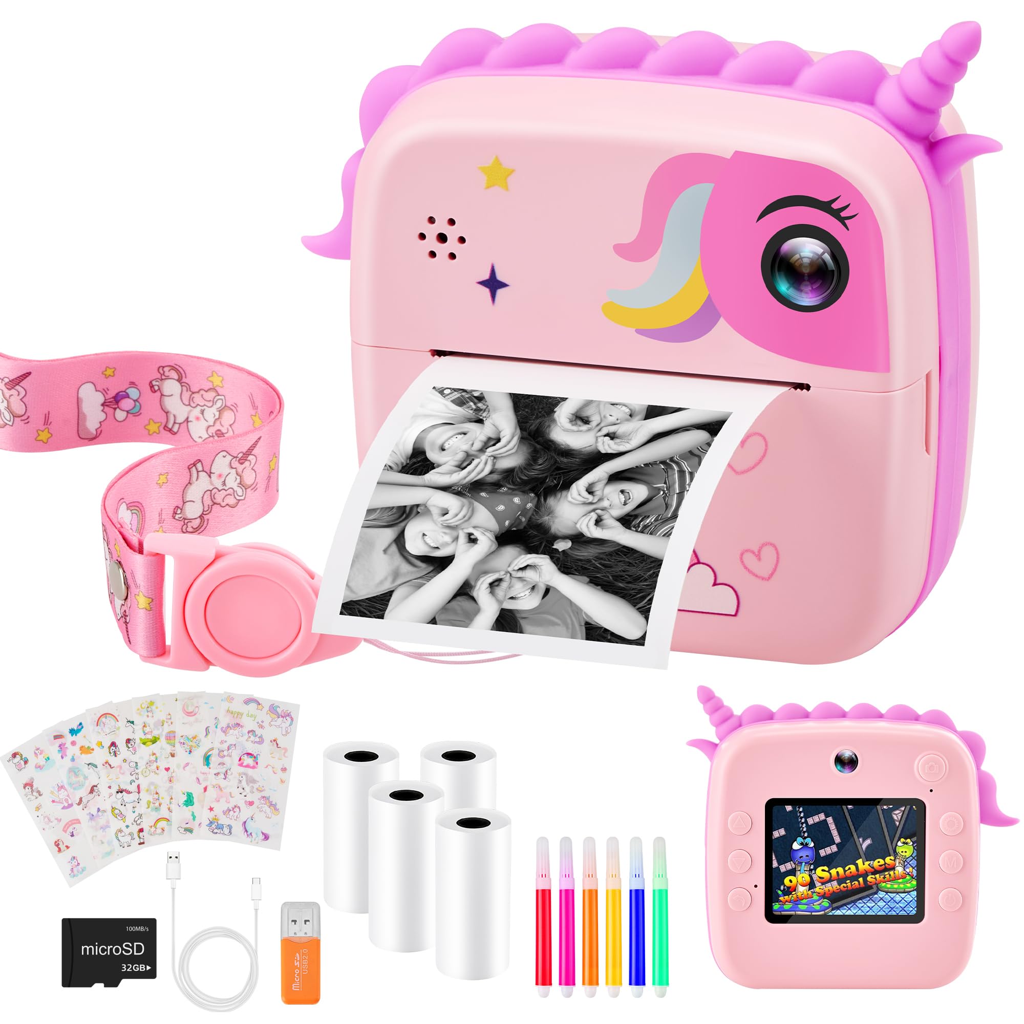 Kids Camera Instant Print, Digital Camera for Kids, No Ink Print Paper & 32G TF Card, Selfie Video Camera with Color Pens for DIY, Fun Gift for Girls Boys 3-14 Years Old. (Pink)