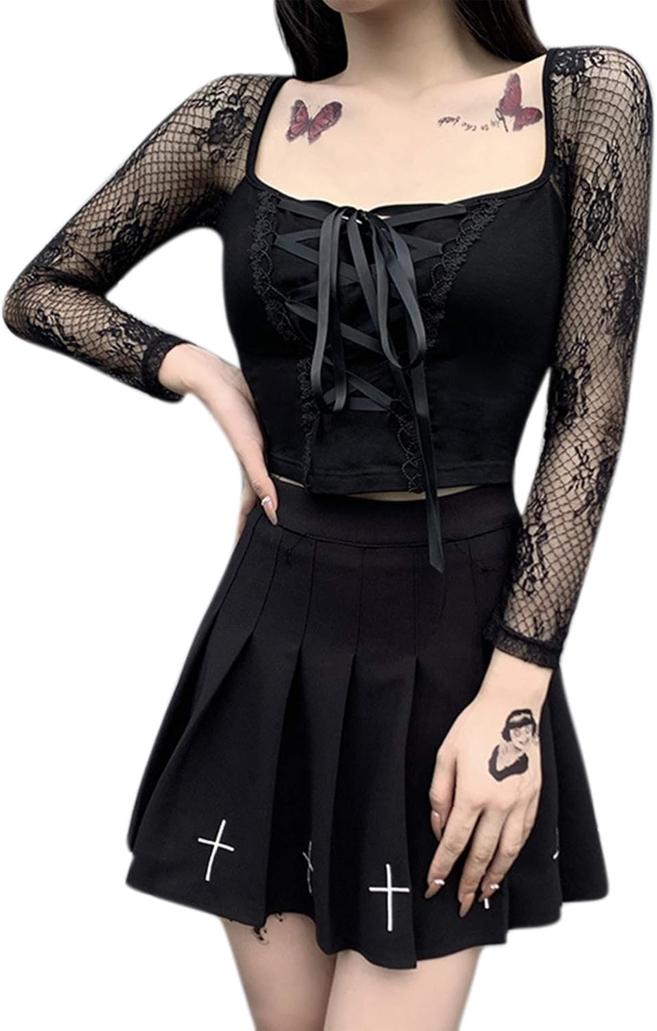 Women Steampunk Gothic Tank Crop Tops Criss Cross Lace Trim Patchwork