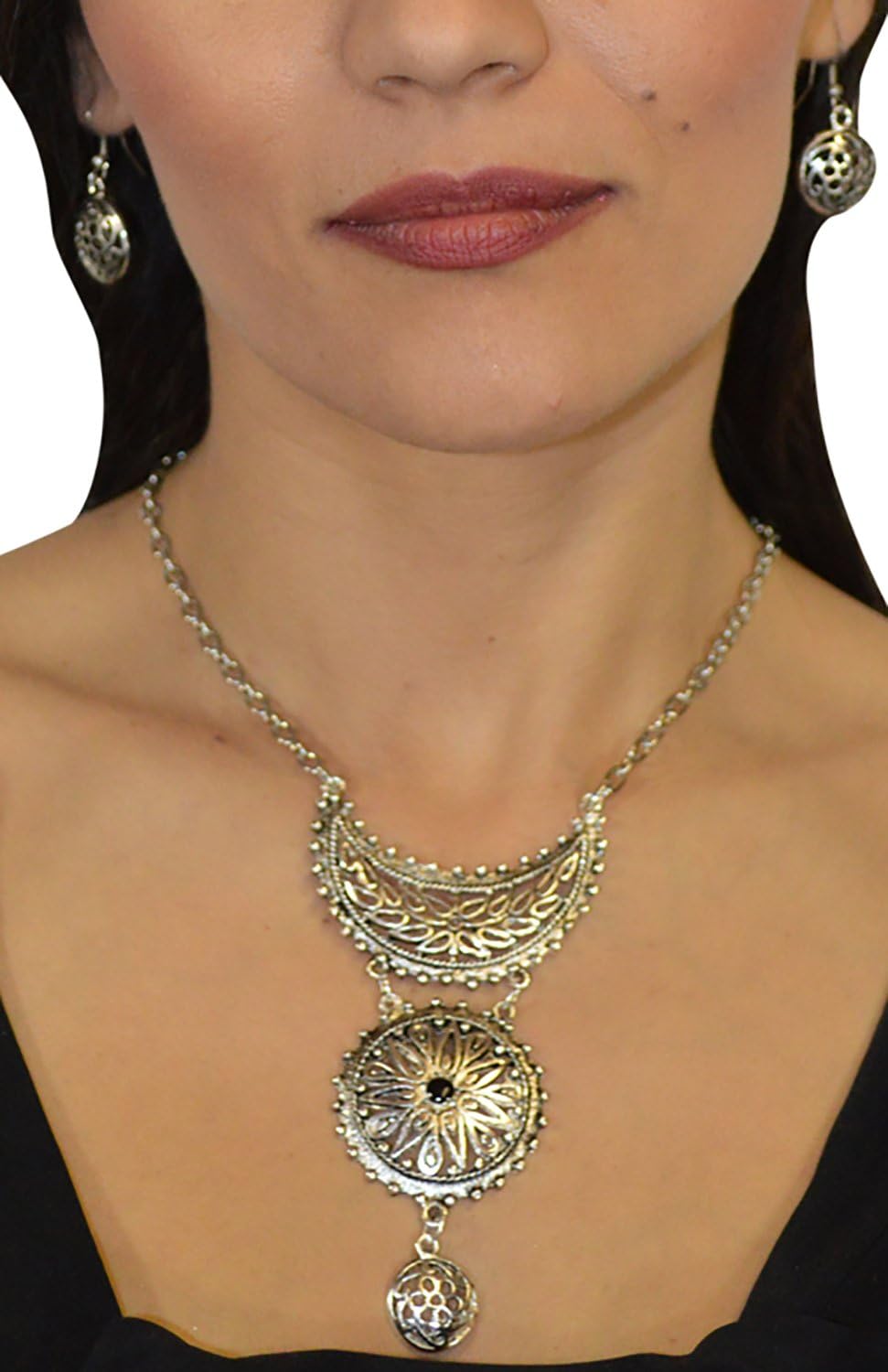 Moroccan Jewelry Berber Coin Necklace Set with Matching Earrings Ethnic Tribal Metalwork with Beads