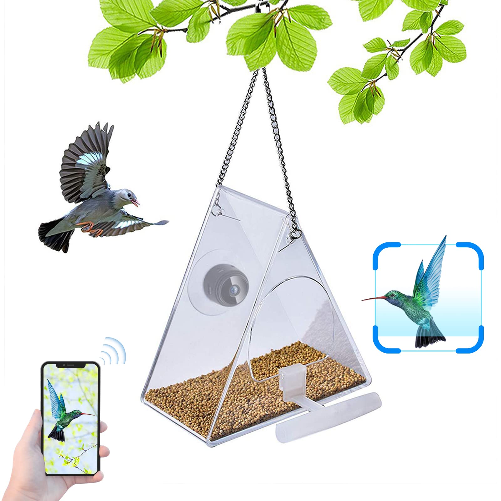 maxant Clear Window Bird Feeder with Camera, Smart Transparent Birdfeeder HD 1080P Camera for Outdoor Watching, Birdhouse Close Up View Photo Taking Video Recording (Triangle), UD0322