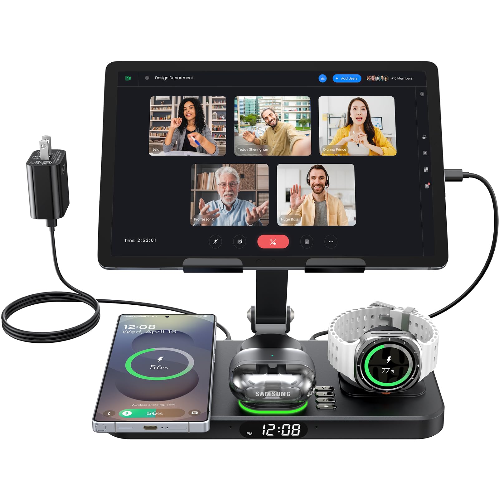 45W Wireless Charging Station for Multiple Samsung Device & Android, Foldable 20W Wired Charger Stand for Galaxy Tab with Clock & Light, Charger for S26/S25 Ultra/Z Fold & Buds, Only for Galaxy Watch