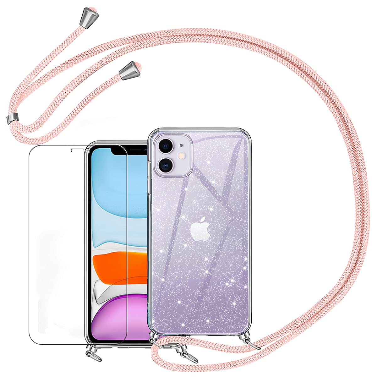 Pnakqil Crossbody Neck Lanyard Case for iPhone 11 6.1" & 1Pc Tempered Glass Screen Protector Necklace Phone Cover with Cord Strap,Clear Transparent TPU Soft Cover Holder for iPhone 11 - Rose Gold