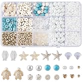 SUNNYCLUE 1 Box 1080Pcs Ocean Bead Kit Startish Sea Turtle Gemstone Beads White Hawaii Ocean Sumer Beads Scallop Fish Bead Glass Pearl Beads for Jewelry Making DIY Earrings Bracelet Necklace Crafts