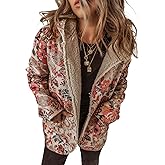 YIGAMA Women's Winter Plush Hooded Jacket Retro Floral Prints Fleece Lined Open Front Coat with Big Pockets