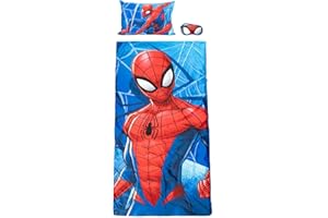 JAY FRANCO Marvel Spiderman 3 Piece Sleepover Set - Cozy & Warm Kids Slumber Bag with Pillow & Eye Mask (Official Marvel Product)