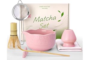 Pink Matcha Whisk Set, 7 Pcs Matcha Kit - Includes Ceramic Matcha Bowl with Spout, Matcha Whisk & Holder, Bamboo Scoop & Rest