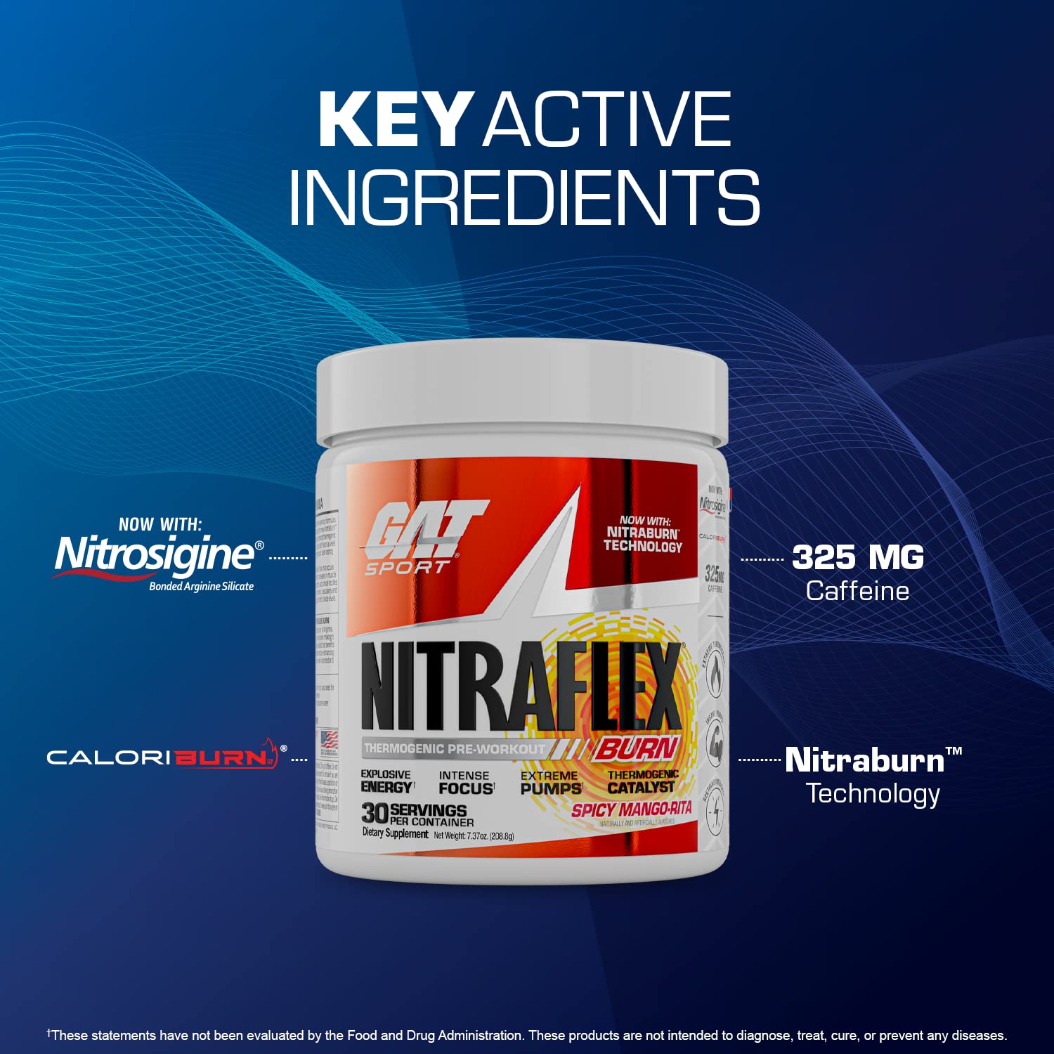 GAT SPORT NITRAFLEX Burn, Pre Workout Thermogenic Powder, Tropic Thunderburst, 30 Servings