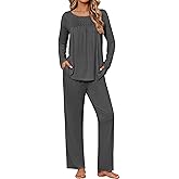 Ekouaer Womens Pajama Sets Fall Long Sleeve Pajamas for Women Trendy Pleated Pjs Sets Comfy 2 Piece Lounge Set with Pockets