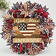 4th of July Patriotic Wreath - Red White & Blue American Flag Decor, Independence Day Farmhouse Wreath with Burlap Bow, Memorial Day & Summer Holiday Front Door Garland (F)