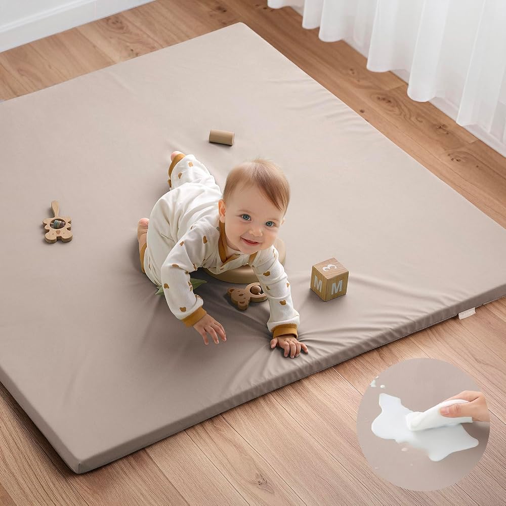 Blissful Diary Vegan Leather Baby Play Mat, 50''x50'', Taupe | thick cushion, safe and soft fabric, waterproof and wip clean,