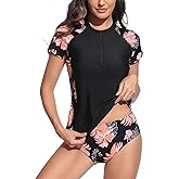 Holipick Short Sleeve Rash Guard for Women - 2 Piece Swimsuit UPF 50+ Zipper Swim Shirts with Built in Bra
