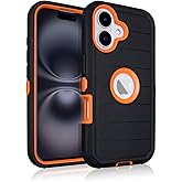 for Phone Case iPhone 16 Case Defender, 3 Layers of Sturdy,Rugged Full-Body for iPhone Case 16,for Black iPhone 16 Case Heavy Duty, Anti-Drop,Shockproof Cover for iPhone 16 (Black & Orange)