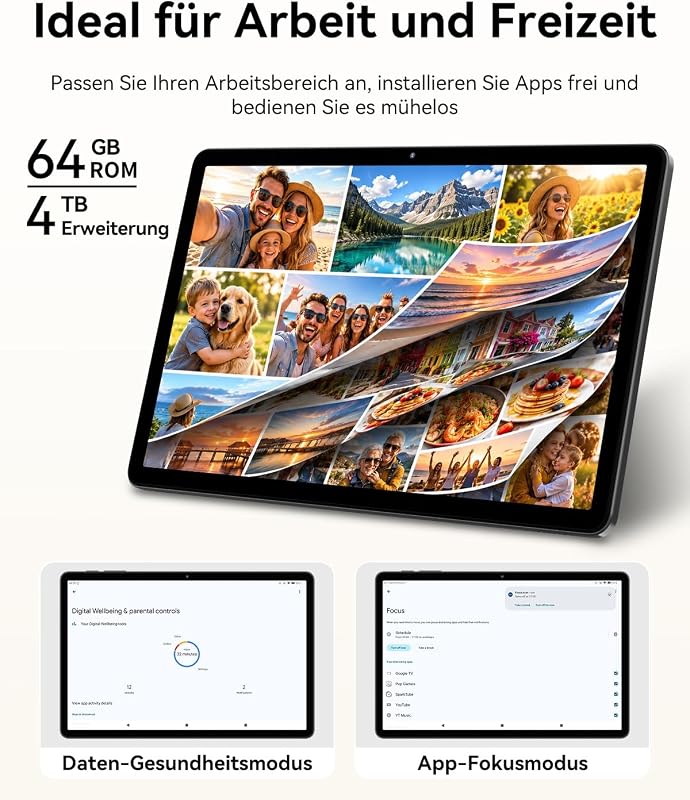 Tablet Android 16, 11 Zoll Display, 90Hz Bildwiederholrate, 64GB Tablet PC, 7000mAh Akkulaufzeit, 5G WiFi, GPS, OTG, Leichtes Design, Vielseitige KI-Tools, 4 Jahre Herstellergarantie