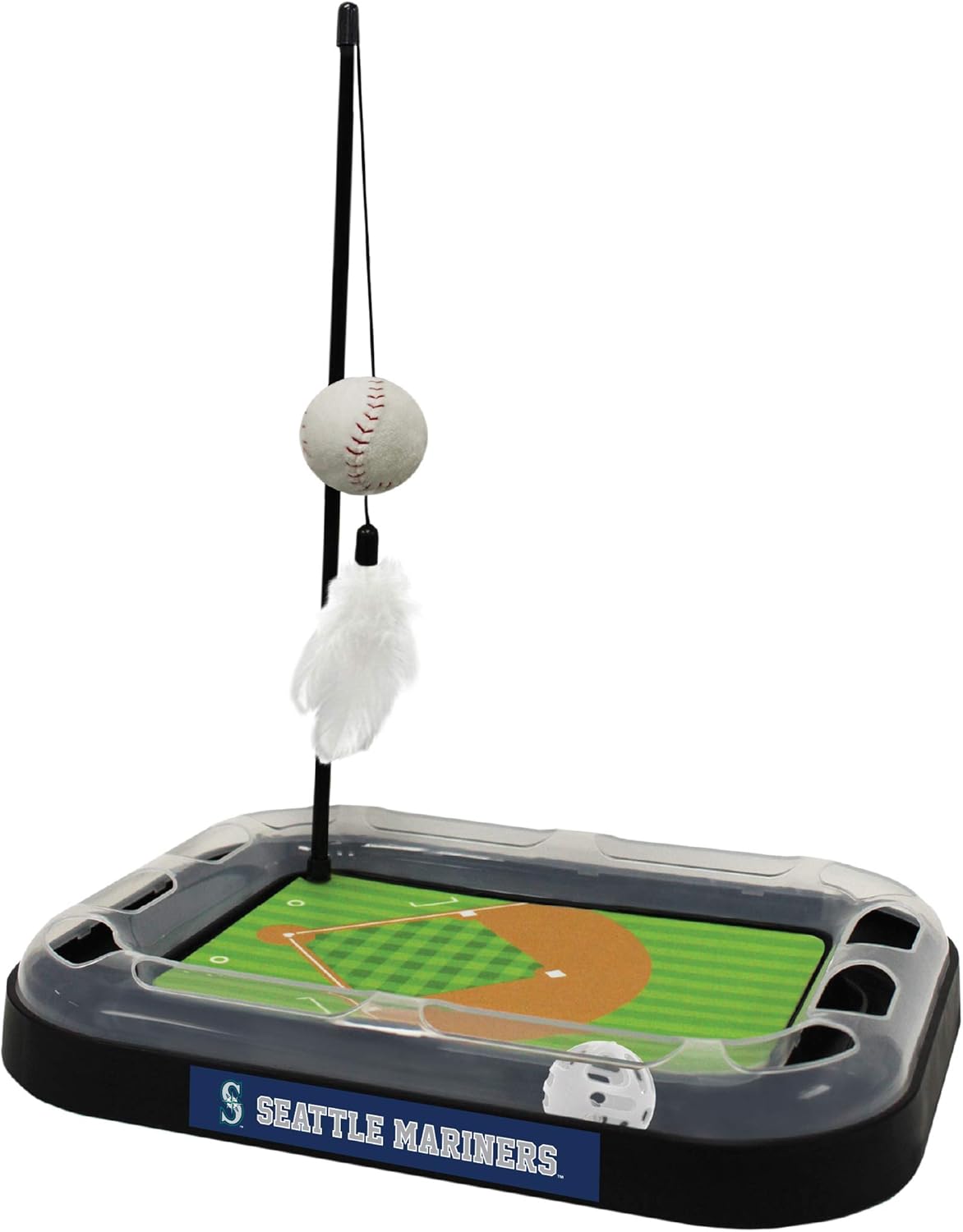 Cat Scratching Toy MLB SEATTLE MARINERS Baseball Field Cat Scratcher Toy with Interactive Cat Ball Bell in Tracks. 5-in-1 CAT TOY: Cat Wand Poll with CATNIP FILLED Plush Baseball & Feathers.