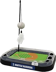 Cat Scratching Toy MLB SEATTLE MARINERS Baseball Field Cat Scratcher Toy with Interactive Cat Ball Bell in Tracks. 5-in-1 CAT TOY: Cat Wand Poll with CATNIP FILLED Plush Baseball & Feathers.