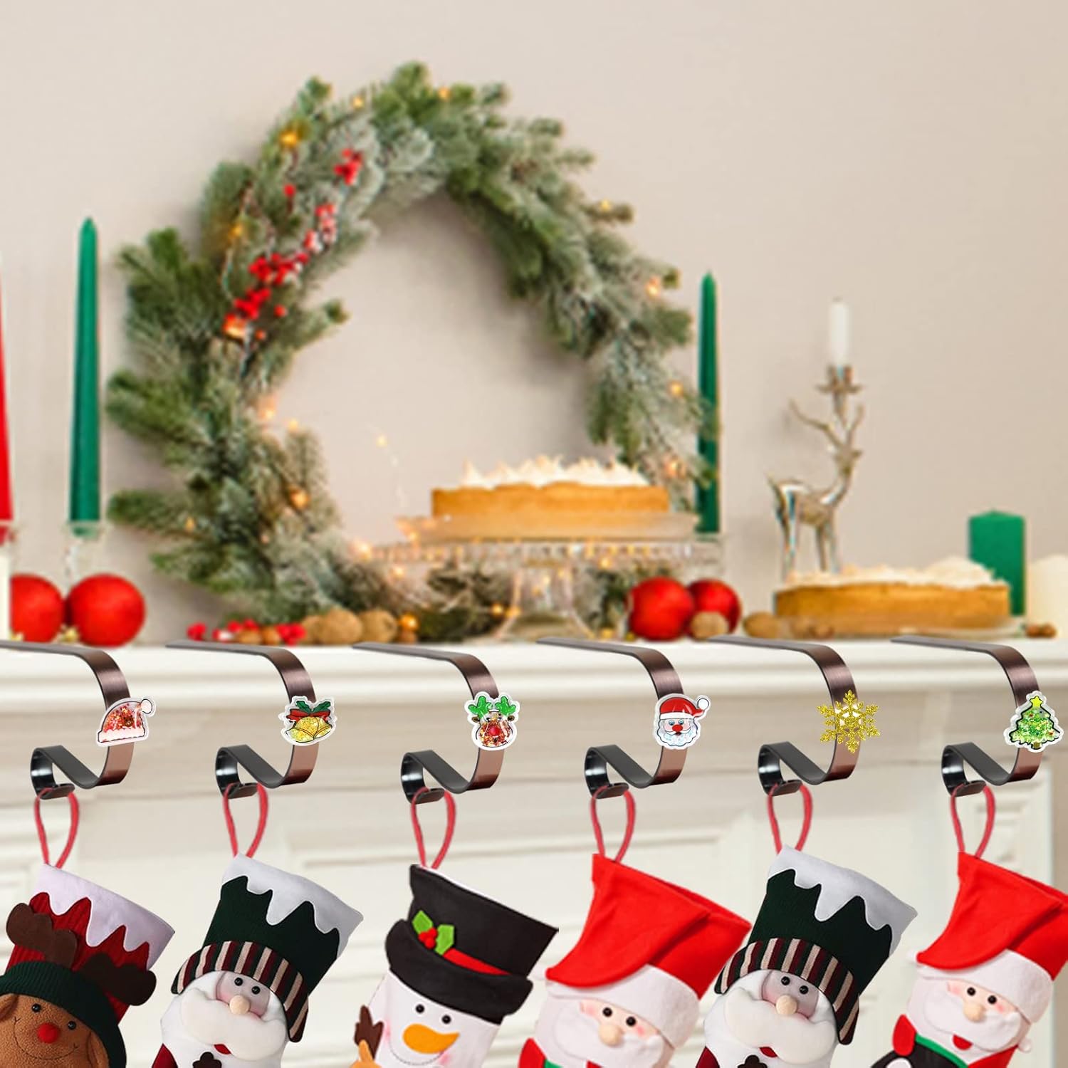 Ornament Hooks - Halovin Christmas Stockings Holders for Mantle Set of 6, No-Slip Christmas Stocking Clips Stocking Hanger Hooks for Fireplace, Adjustable Mantel Stocking Hooks for Xmas Decorations(Red Copper)