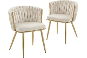 HOMCOM Modern Dining Chairs Set of 2, Velvet-Feel Upholstered Kitchen Chairs with Woven Backrest and Armrests, Metal Legs and