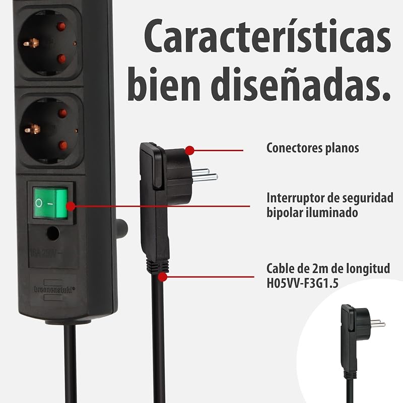 Comfort Line regleta de enchufes con 4 Tomas de Corriente para Montaje (Cable de 2 m, Interruptor Iluminado, montable, Enchufe Plano) Negro