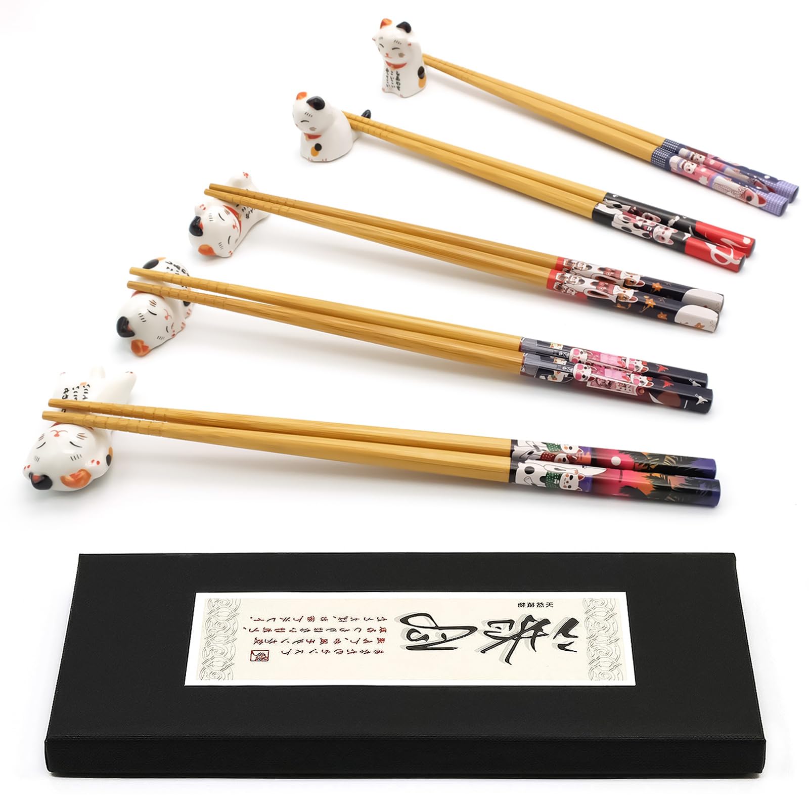 5 Pairs Natural Bamboo Chopsticks with Cat Holder, Dishwasher Safe - Gift Set