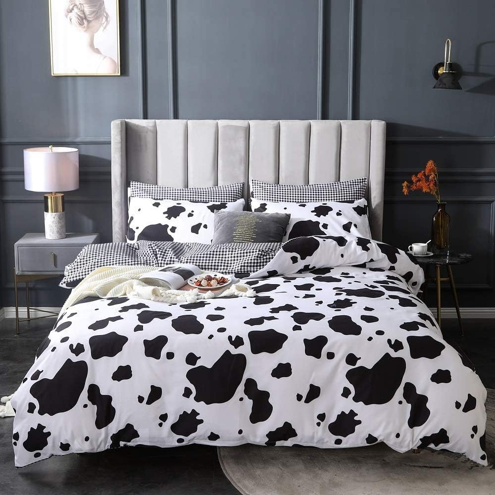 Kids Black White Cow Bedding Set Twin Size Cute Cartoon