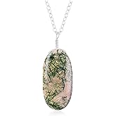 GEMSLOGY Natural Moss Agate Crystals Pendant Necklace, Hexagon Cabochon Gemstone, Energy Healing Crystals, Birthday, Gift for Her, Gemstone Jewelry 18 inch AAA+ Quality