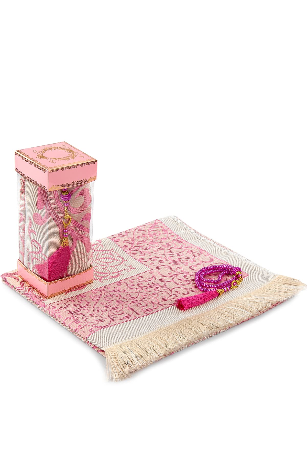Islamic Prayer Mat with Elegant Gift Box, Janamaz, Sajadah, Pink Taffeta Prayer Rug