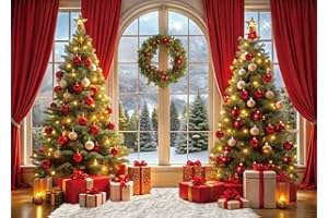 LYWYGG 7x5ft Christmas Backdrop Xmas Window Backdrop for Photography Christmas Tree Red Curtain Backdrops cp-707