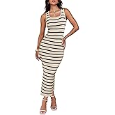 ZESICA Women's Summer Square Neck Bodycon Midi Dresses 2026 Casual Sleeveless Ribbed Knit Striped Beach Vacation Long Dress