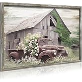 Framed Farmhouse Wood Wall Art: Country Old Truck Artwork Rustic Barn Wooden Painting for Bedroom