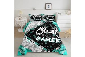 Feelyou Kids Gamer Comforter Set for Boys Teens, Teal Gaming Bedding Sets Queen Size Video Game Controller Reversible All Sea