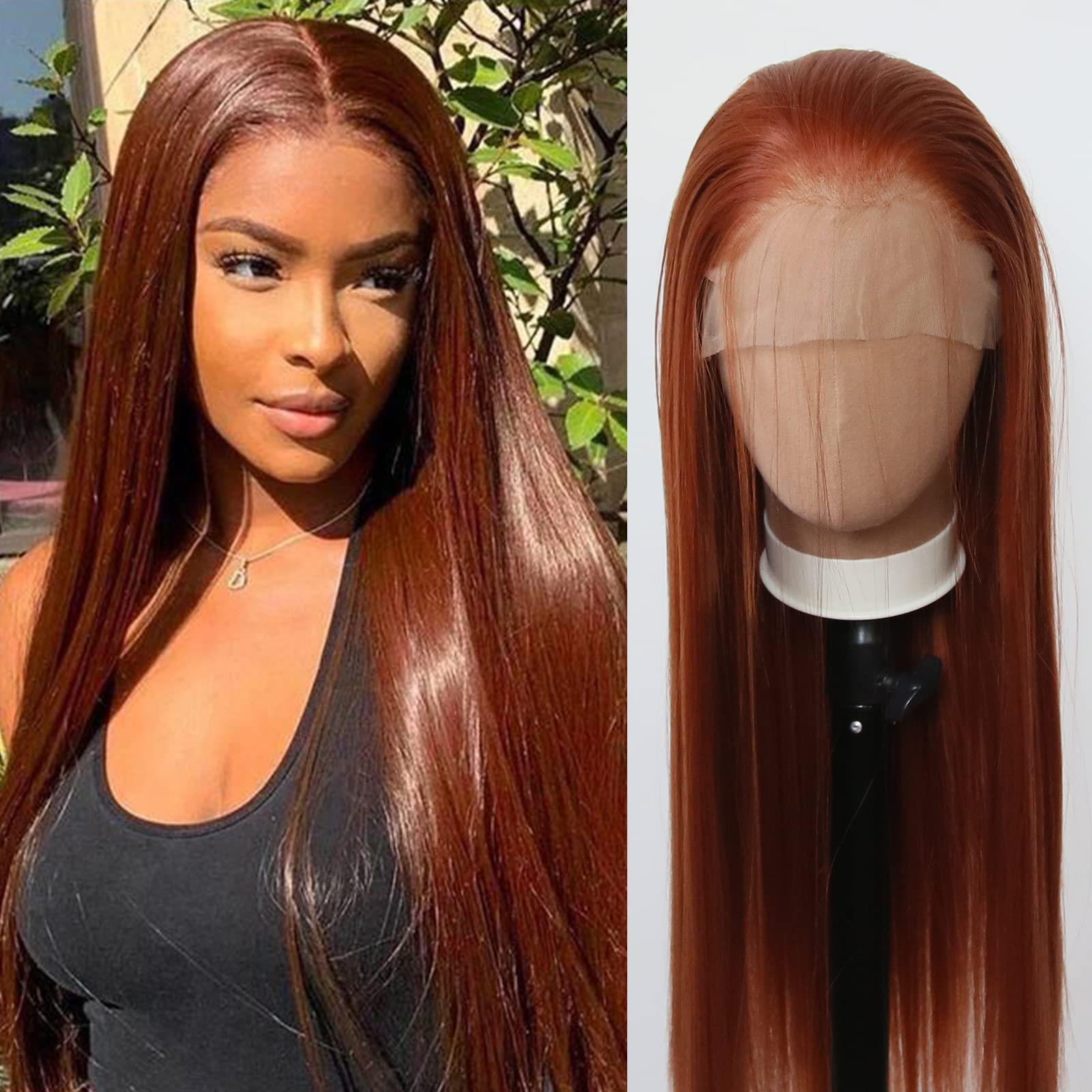 Towarm Ginger Brown Wig Long Straight Burnt Synthetic Lace Front Wigs Pre Plucked Natural Hairline with Baby Hair for Black Women Copper Red Brown Heat Resistant Fiber Cosplay Daily Wear Wig (Ginger) — image 1