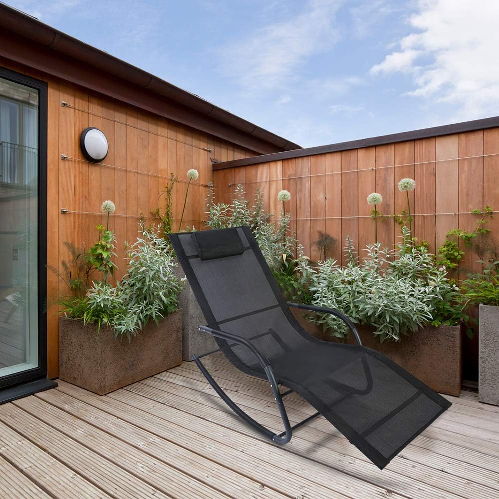 AGESISI Rocking Lounge Chair Reclining Chair Textilene Mesh Patio Zero Gravity Chaise with Pillow for Beach Yard Pool Outdoor Indoor, Black: Kitchen & Dining