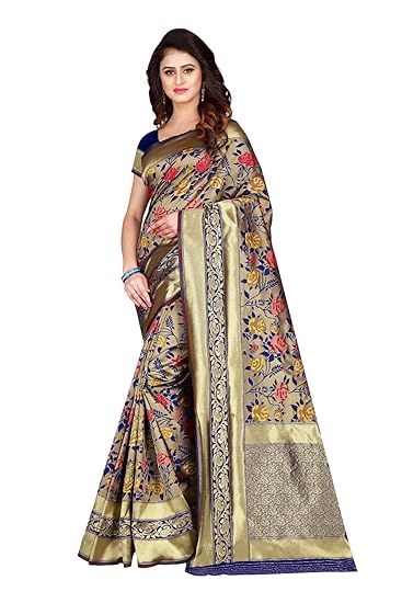 Womens Banarasi Jacquard Silk Saree With Blouse Piece (Navy Blue)