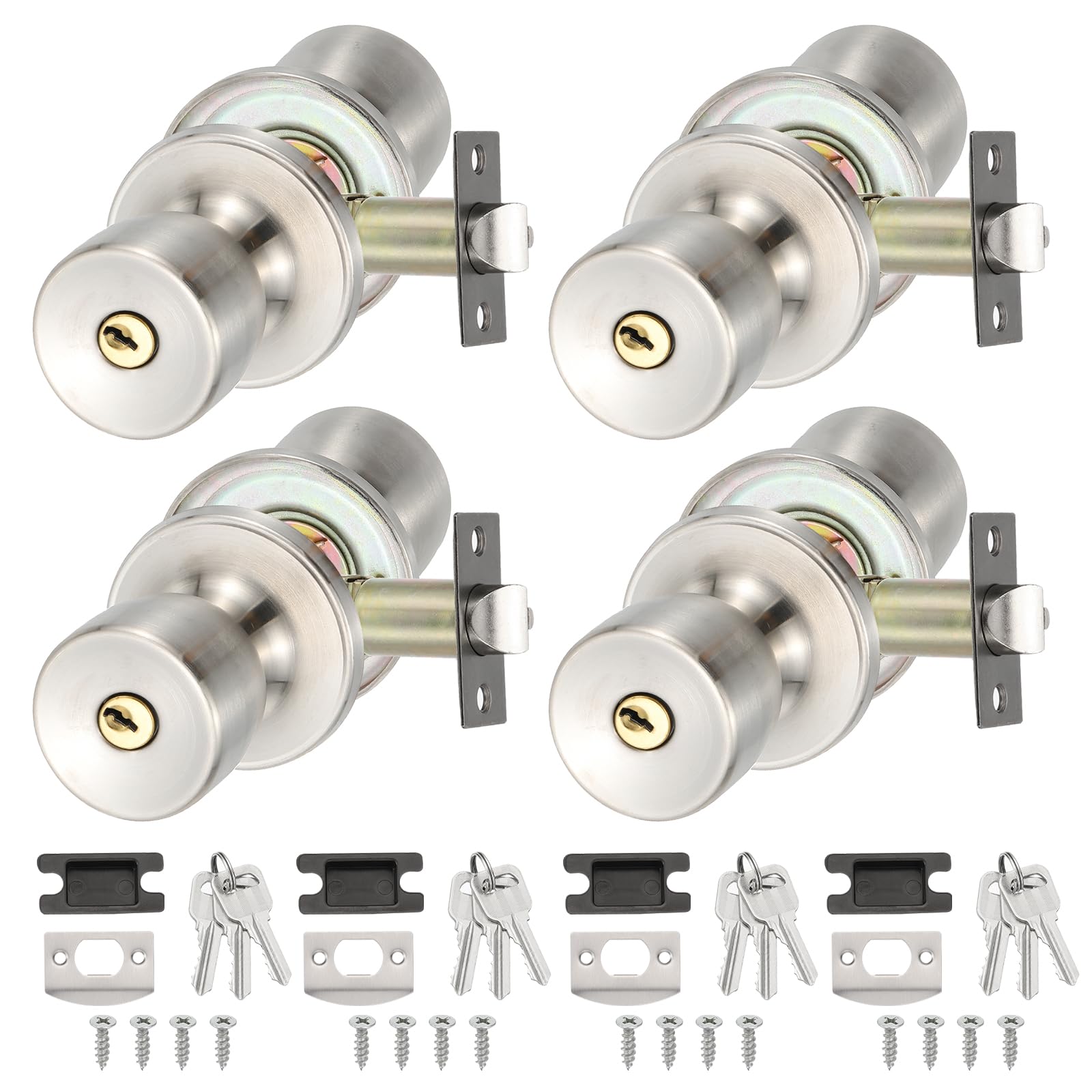 PATIKIL Key Entry Door Knobs Interior, 4 Pack Round Zinc Alloy Bedroom Bathroom Door Knob with Lock Entry Indoor Outdoor Door, Sanding Color