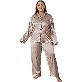 Vozanet Women's Plus Size Button Down Pajama Sets Satin Silky Long Sleeve Long Pants Sleepwear Loungewear Nighty XL to 5XL
