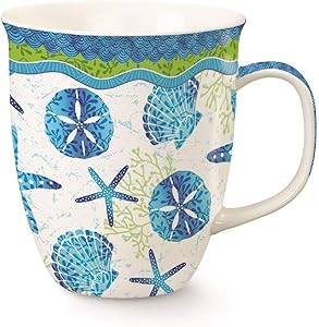 Beach Batik Blue Shells Starfish Sand Dollar Mug Porcelain 15 Ounces